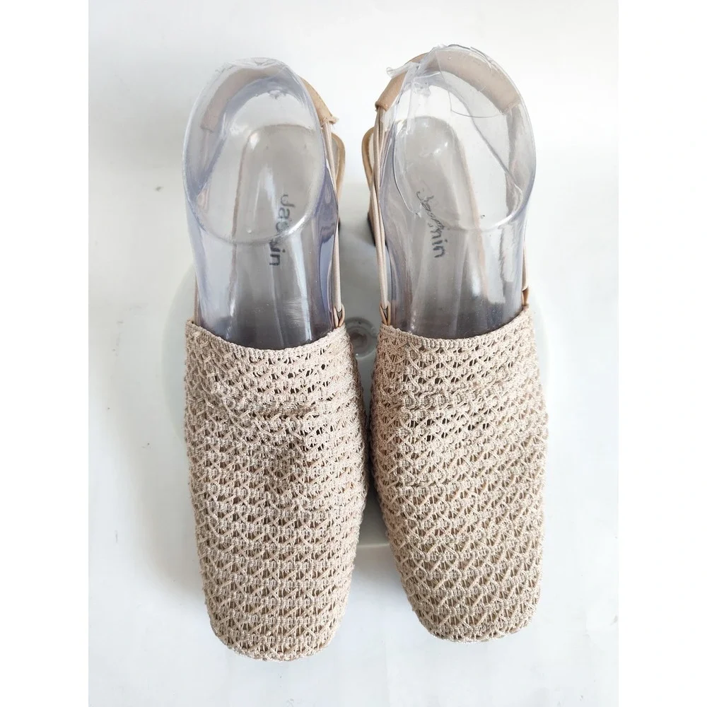 Vintage Crochet Slingback Heels 8.5 Square Toe Beige Neutral Woven Block Heel